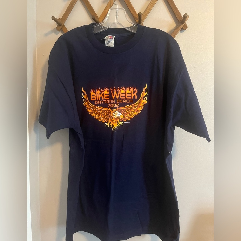 Y2K biker shirt Daytona beach 2002 eagle on back flames men’s XL navy blue